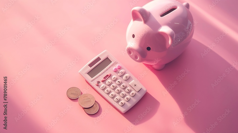 Piggy bank calculator and coin on pink background saving money concept flat lay : Generative AI