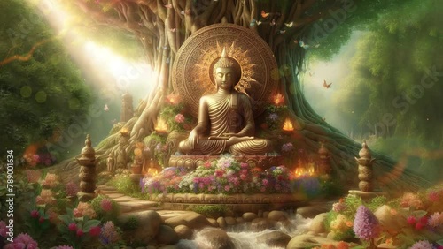 buddha under the bodhi tree, nature, looped animation, suitable for accompanying audio books and meditation