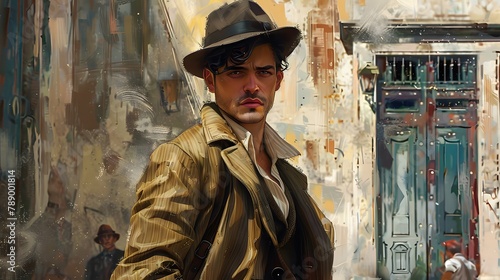 Stylish man in a vintage suit and hat poses confidently in front of a graffiti-covered wall