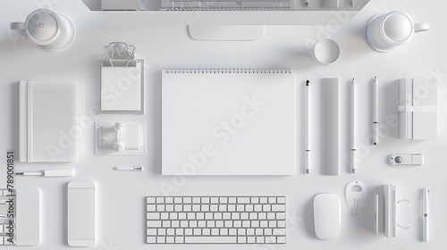 White office desk table with blank notebook computer keyboard and other office supplies Top view with copy space flat lay : Generative AI © Generative AI
