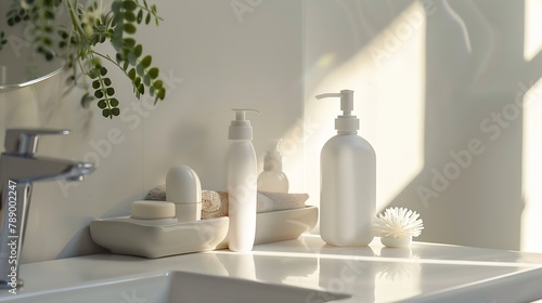 Morning hygiene products on white table top of defocused bathroom   Generative AI