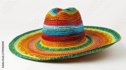 A vibrant Mexican straw sombrero stands out against a crisp white background