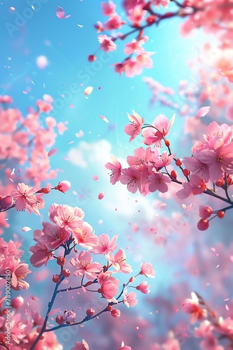 Cherry Blossom Pale pink cherry blossoms with a pastel blue sky water color, cartoon, hand drawing, animation 3D, vibrant, minimalist style
