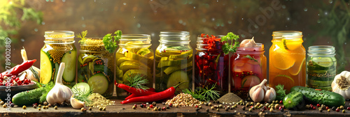 A Rustic yet Vibrant Collection of Homemade Pickles with Fresh Ingredients on Wooden Table photo