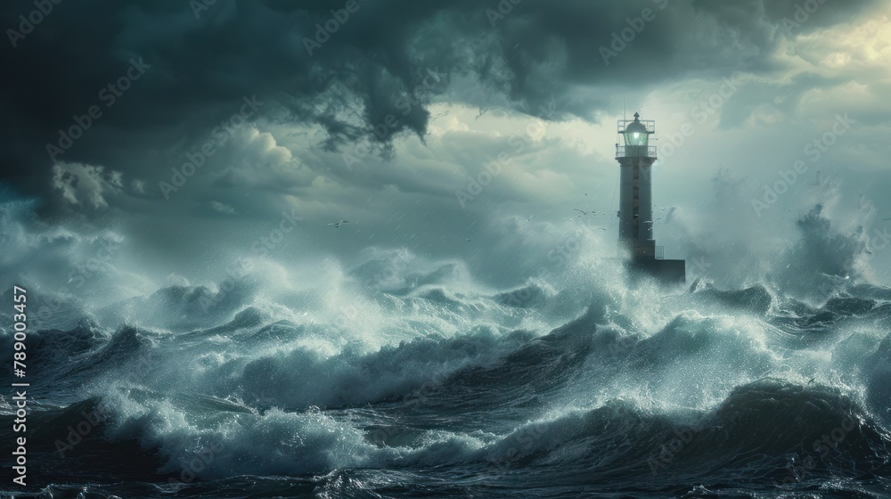 Lighthouse guiding ships through a stormy sea