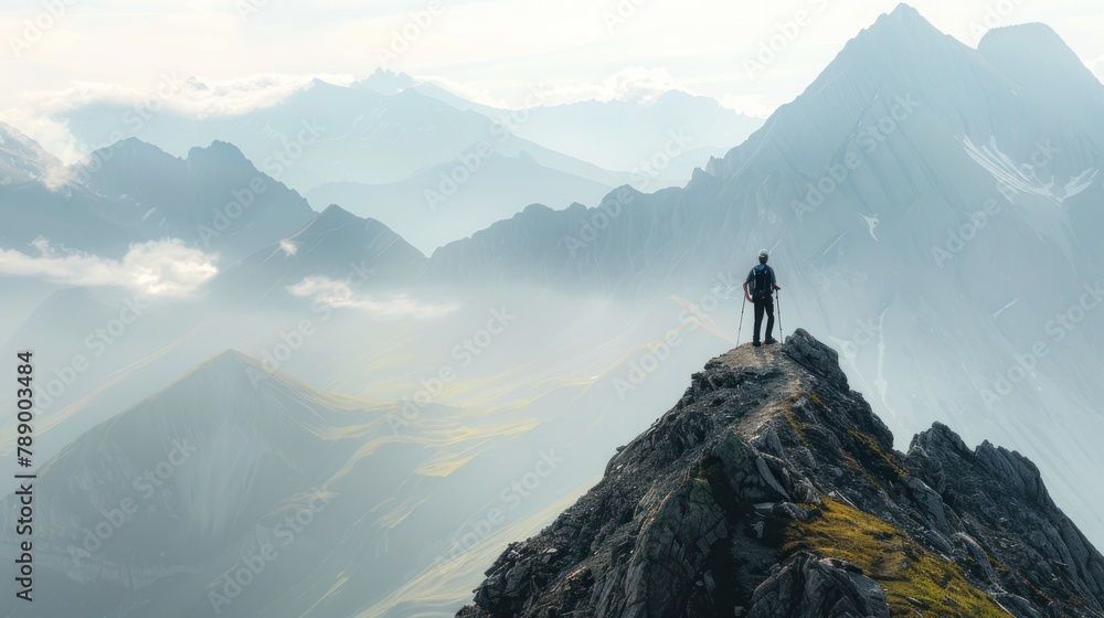 Hiker standing atop a mountain peak, overlooking a breathtaking panorama