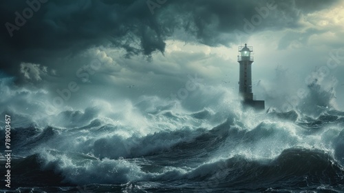 Lighthouse guiding ships through a stormy sea
