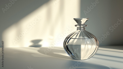 An artistic portrayal of a simple perfume bottle model with clean lines and elegance, photographed in high definition to showcase its simplicity photo