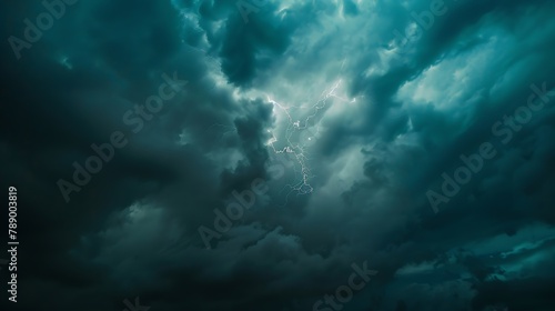 A dark cloudy sky with thunder lightning bolt strike close up Weather and Nature background : Generative AI