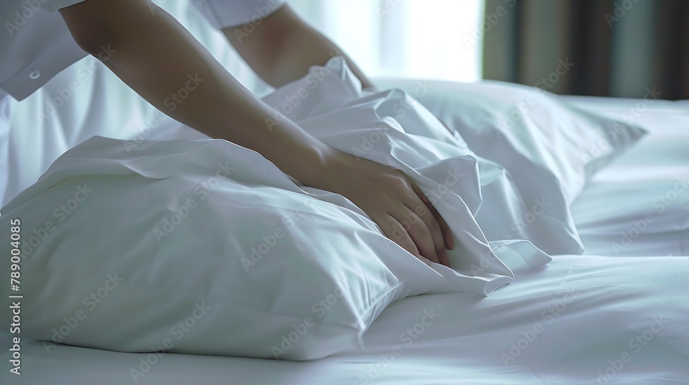Hands Making Bed from Hotel Room Service : Generative AI Hands Making Bed from Hotel Room Service : Generative AI