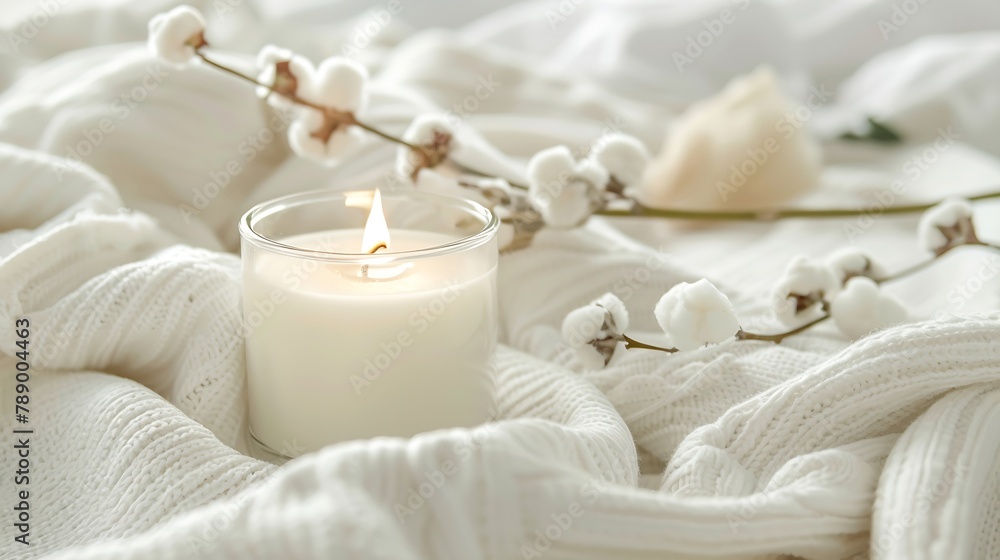 Organic cotton home wear with aroma candle on the white blanket Copy space : Generative AI