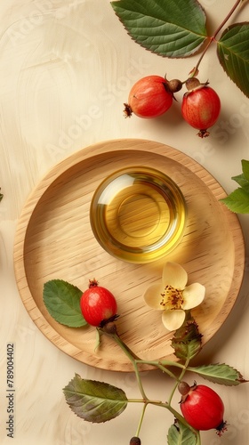 Rosehip extract oil on wooden bowl for skincare natural ingredient