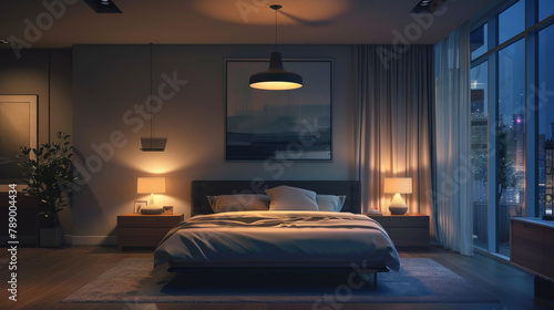 Modern bedroom controlled smart lighting systems using AI © EmmaStock