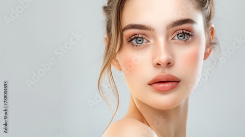 Portrait of a young woman with natural makeup and natural stylingAdvertising natural cosmeticsAdvertising for a beauty salonCare cosmetics face and body skin care : Generative AI photo