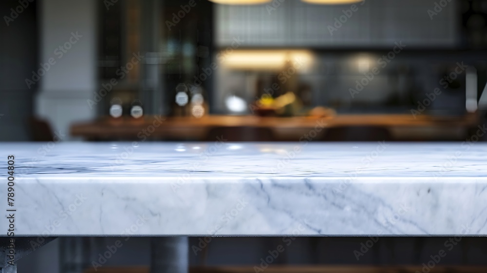 Close up photo of contemporary kitchen island with marble table top with kitchen blurry loose focal background : Generative AI