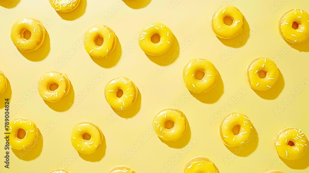 Flat lay donuts pattern on a yellow background Top view : Generative AI