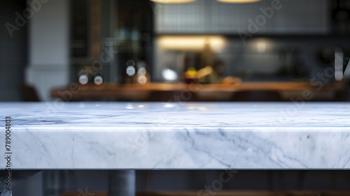 Close up photo of contemporary kitchen island with marble table top with kitchen blurry loose focal background   Generative AI
