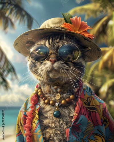 A quirky and humorous image featuring a cat dressed in a summery outfit with a hat and sunglasses, posing at a tropical location