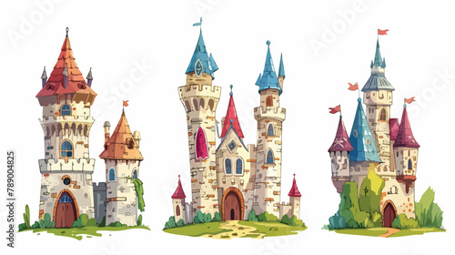 Set of three Medieval Castles. Royal kingdom towers fo