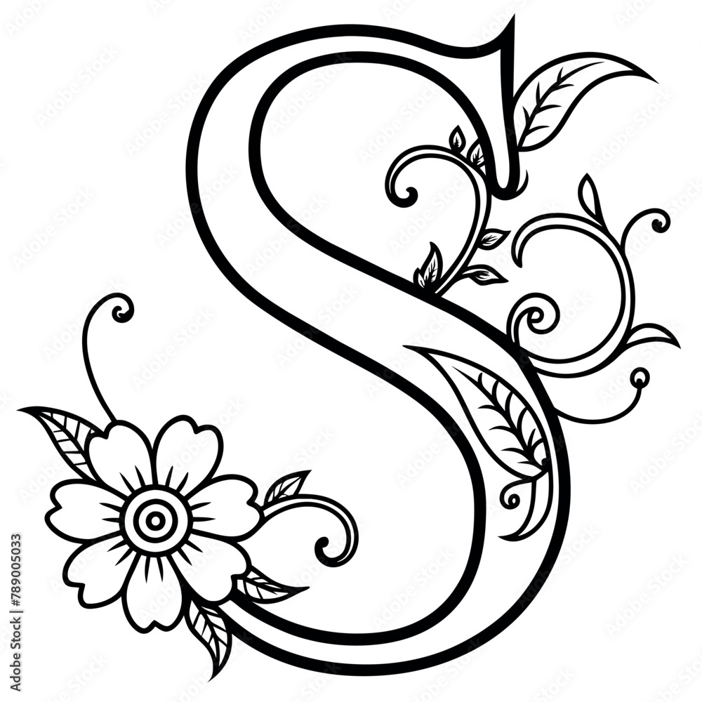 Alphabet S coloring page with the flower, S letter digital outline floral coloring page, ABC
