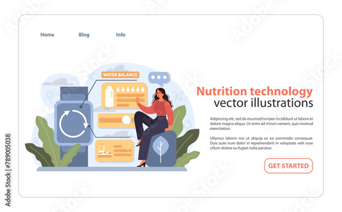 Nutrition Technology Concept. A woman interacts with a digital platform for dietary tracking.