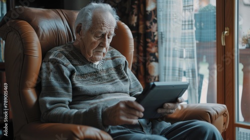elderly man playing a game on a tablet while sitting in a comfortable armchair