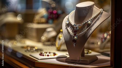 Elegant jewelry necklaces displayed in glass display case of luxury retail store