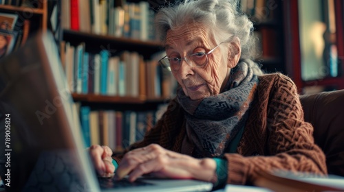 elderly woman using a computer to write her memoirs photo