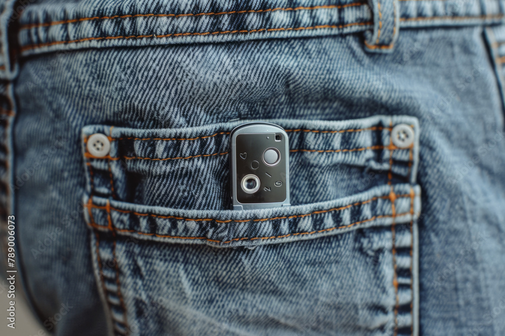An MP3 player peeking out from the pocket of a pair of jeans An MP3 player peeking out from the pocket of a pair of jeans