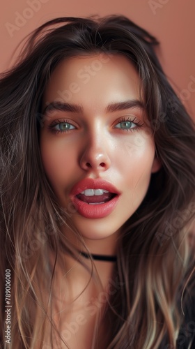 Alluring close-up portrait of a woman with striking blue eyes and beauty that captures attention