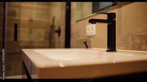 Closeup of white sink with cabinet with black smart faucet on the background of glass shower with beige tiles Concept of impeccable but simple design and modern fixtures   Generative AI