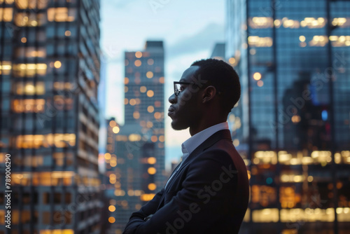 Affluent, successful African American businessman contemplating future ventures amidst urban skyscrapers at dusk