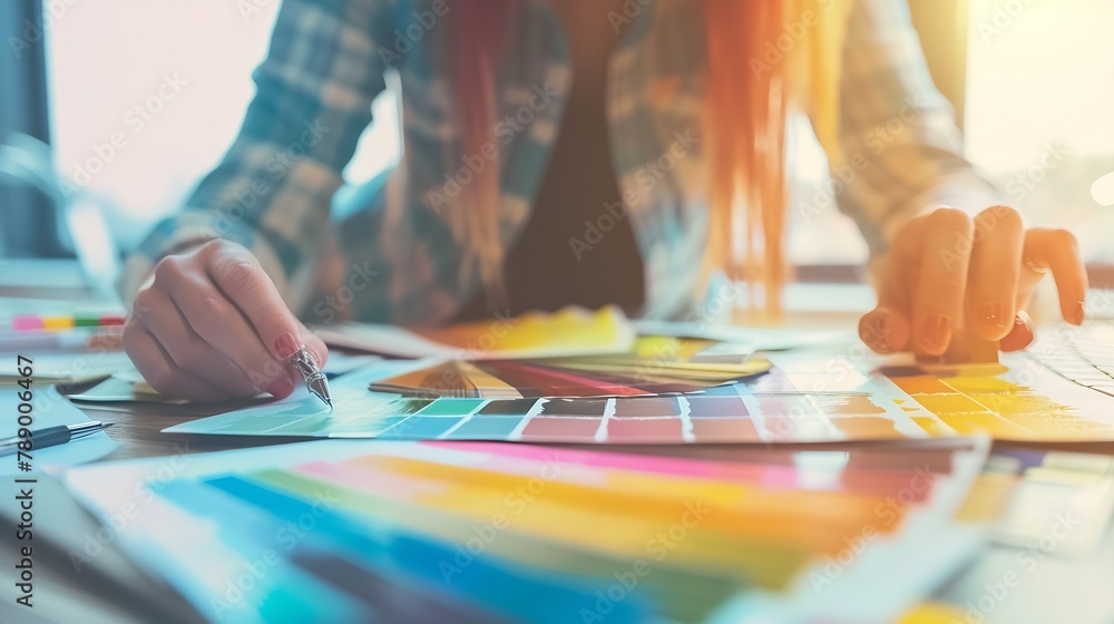 Fototapeta premium Creative people workplace Closeup view of hands of young designer woman working with color palette at office desk Interior shot Horizontal photo banner for website header design : Generative AI