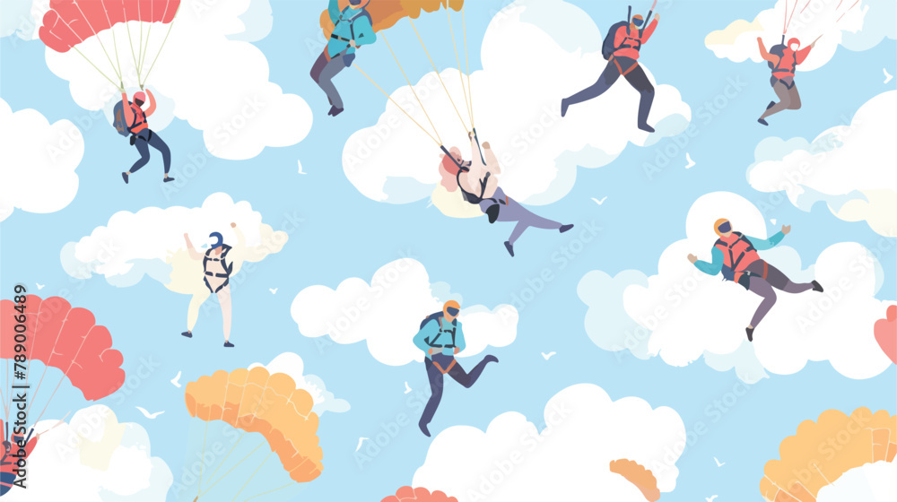 Seamless pattern with happy people skydiving in sky