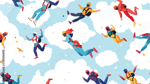Seamless pattern with happy people skydiving in sky