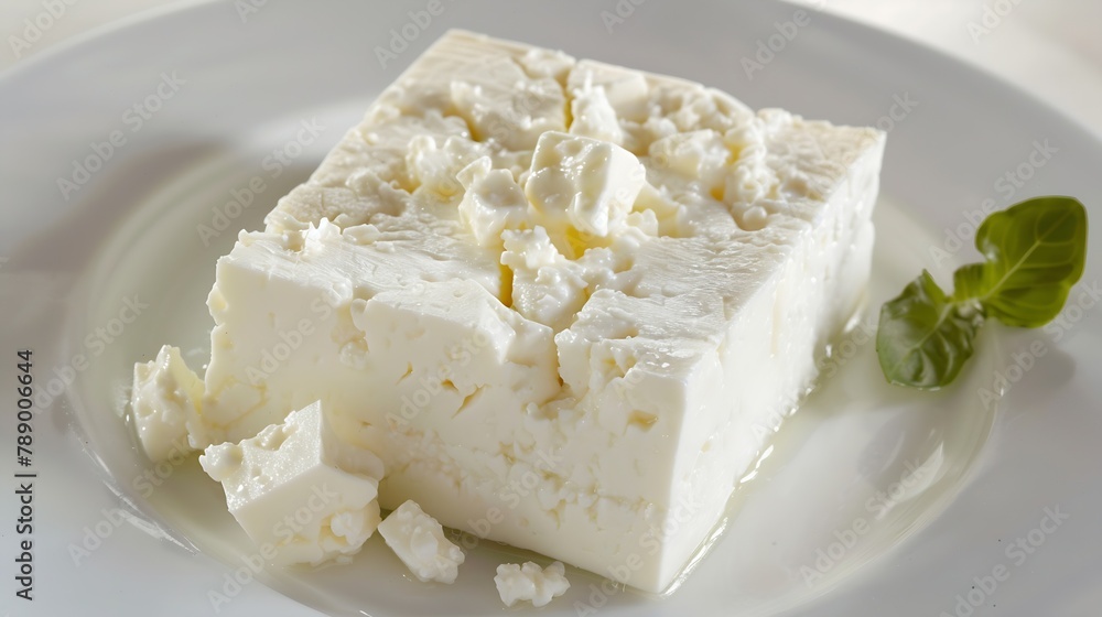 Natural feta cheese on a plate flat lay : Generative AI
