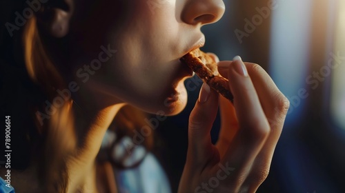 woman eat homemade cookie between work close up view : Generative AI photo