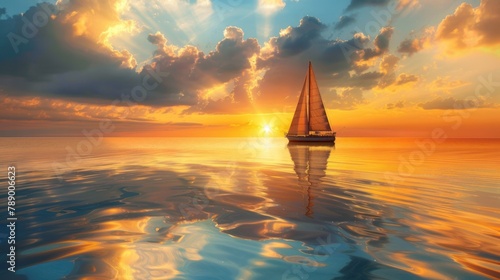 sailboat gracefully gliding across a calm sea under a sunset photo