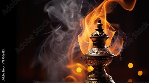 Magical mysterious aladdin lamp with smoke. Magic oriental lamp, wish fulfillment lamp on dark background photo