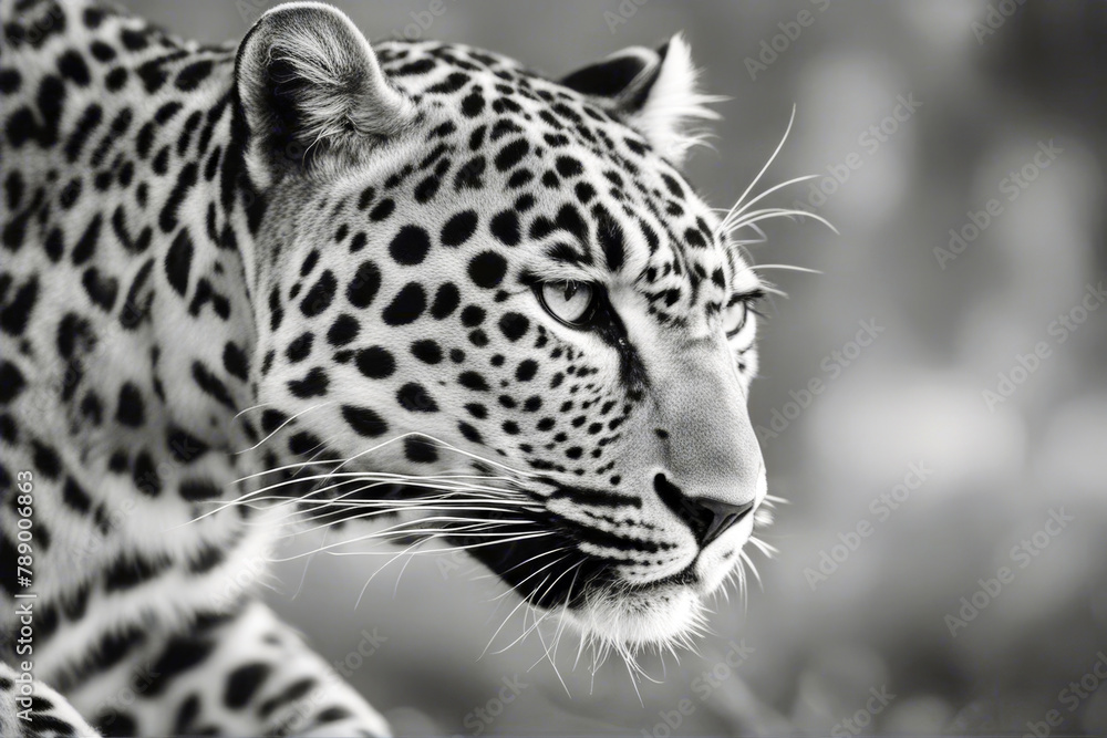 Obraz premium black white Leopard side animal profile portrait monochrome 1 mouth ferocious lick head national image big park closeup teeth predator nature cat kruger bush w tongue