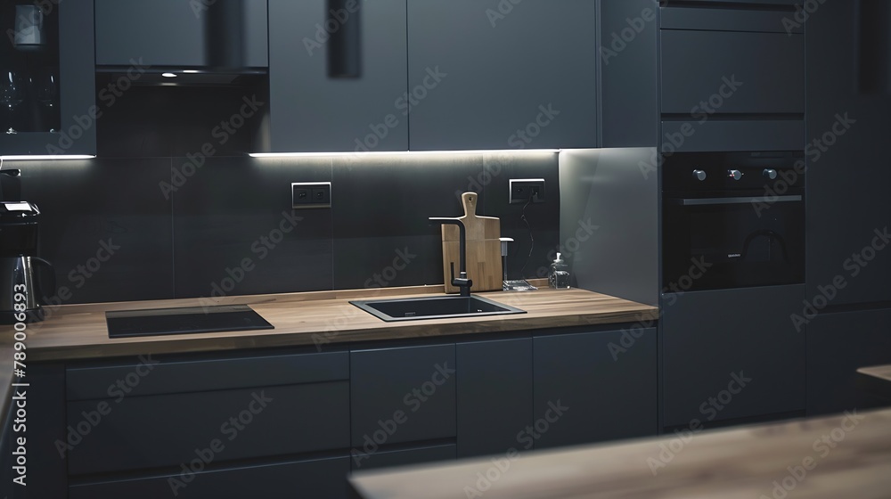 Closeup on modern and small kitchen with gray cupboards and drawers wooden countertop backsplash and cupboards and black oven induction hob and tap : Generative AI Closeup on modern and small kitchen with gray cupboards and drawers wooden countertop backsplash and cupboards and black oven induction hob and tap : Generative AI