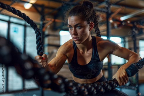Woman performing intense battle rope workouts in a gym