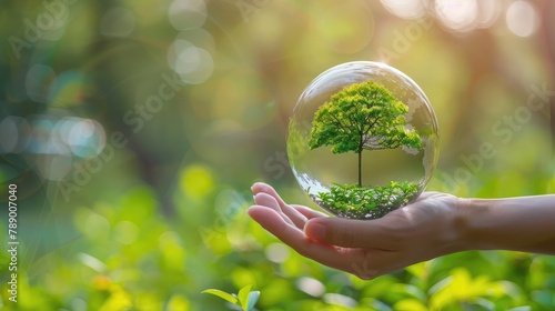 World in Hand and Blurred Beautiful Bokeh in the Garden Background , World environment day concept with tree planting and green earth on volunteering hands ,world environmental day