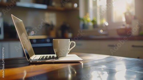 Close up of notebook cup of tea and laptop on table in kitchen house interior remote working communication business and domestic life : Generative AI