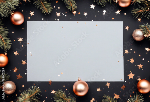 Flat card Christmas stars mockup  background greeting web copper template view lay branches top copy banner balls tree Black confetti pine frame confetti  frame  Xmas color fra photo