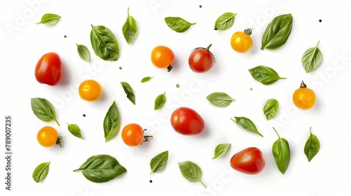 flat lay composition of various colorful tomatoes and basil leaves isolated on white background top view   Generative AI