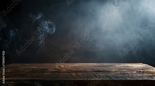 empty wooden table with smoke float up on dark background Dark wood texture background surface with old natural pattern wood table on blur of cafe coffee shop bar background can used f : Generative AI