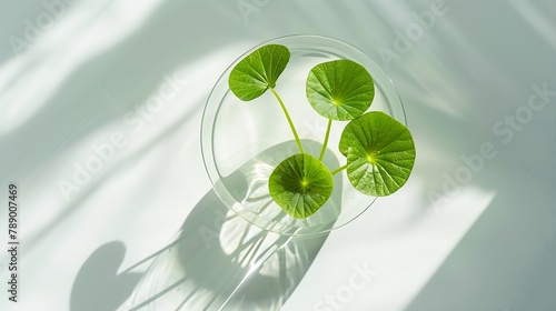 Flat lay of Gotu kola placed on a glass podium with white background for cosmetic product extracted from Gotu kola Centella asiatica promotion : Generative AI photo