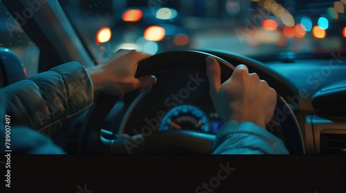Close up hands holding steering driving in city Driver signaling turn person drives car : Generative AI
