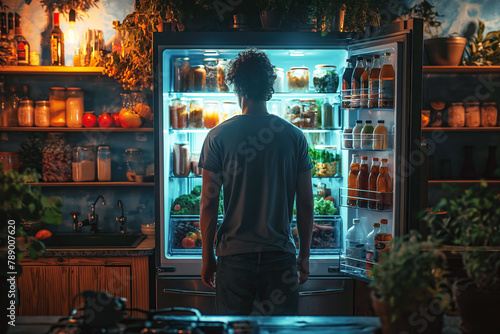 sad hungry male at refrigerator at night in kitchen. Midnight hunger. Man chooses and searches food in fridge © alexkoral
